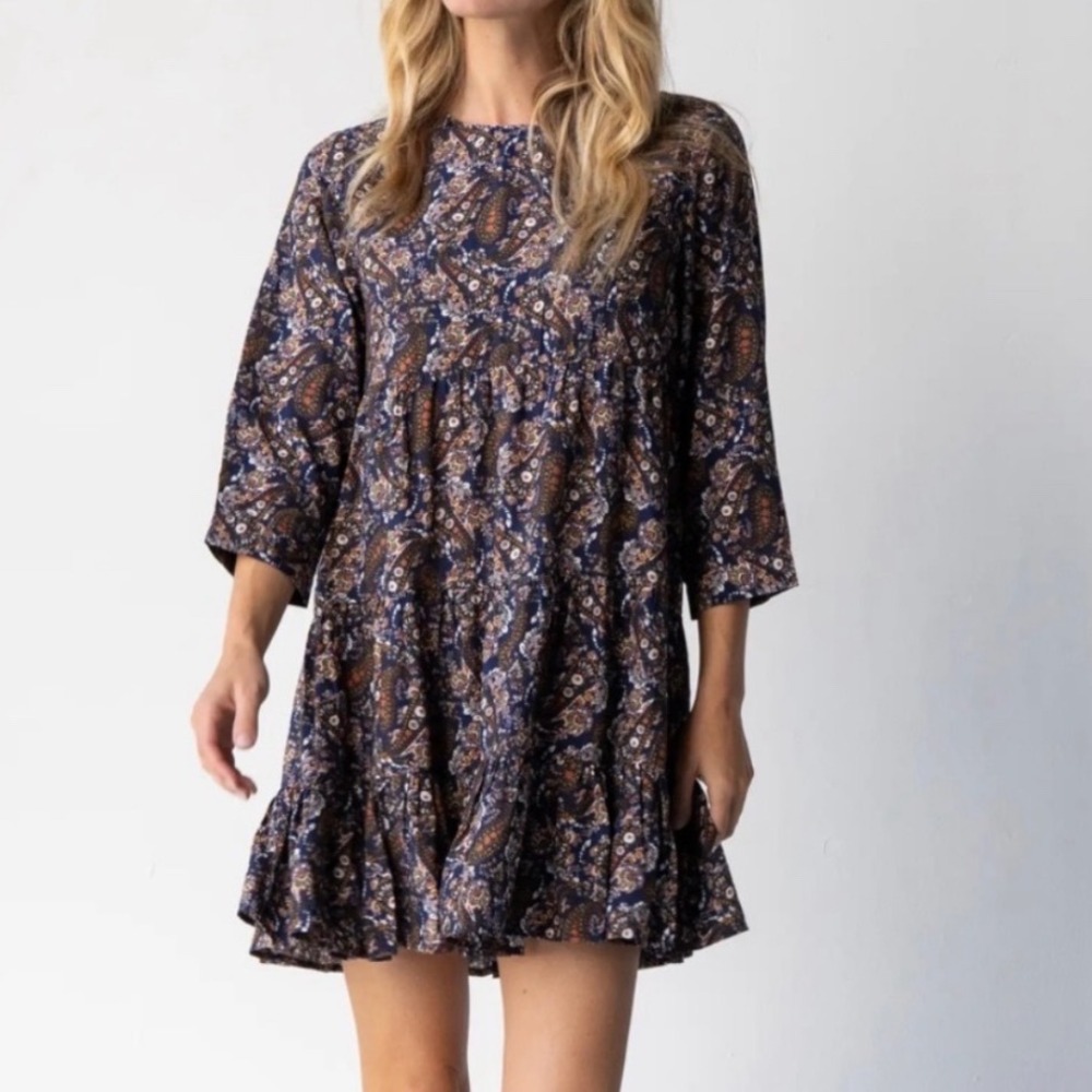 Natural Life Heidi Mini Dress L Boho Floral Paisley Tiered Ruffle 3/4 Sleeve